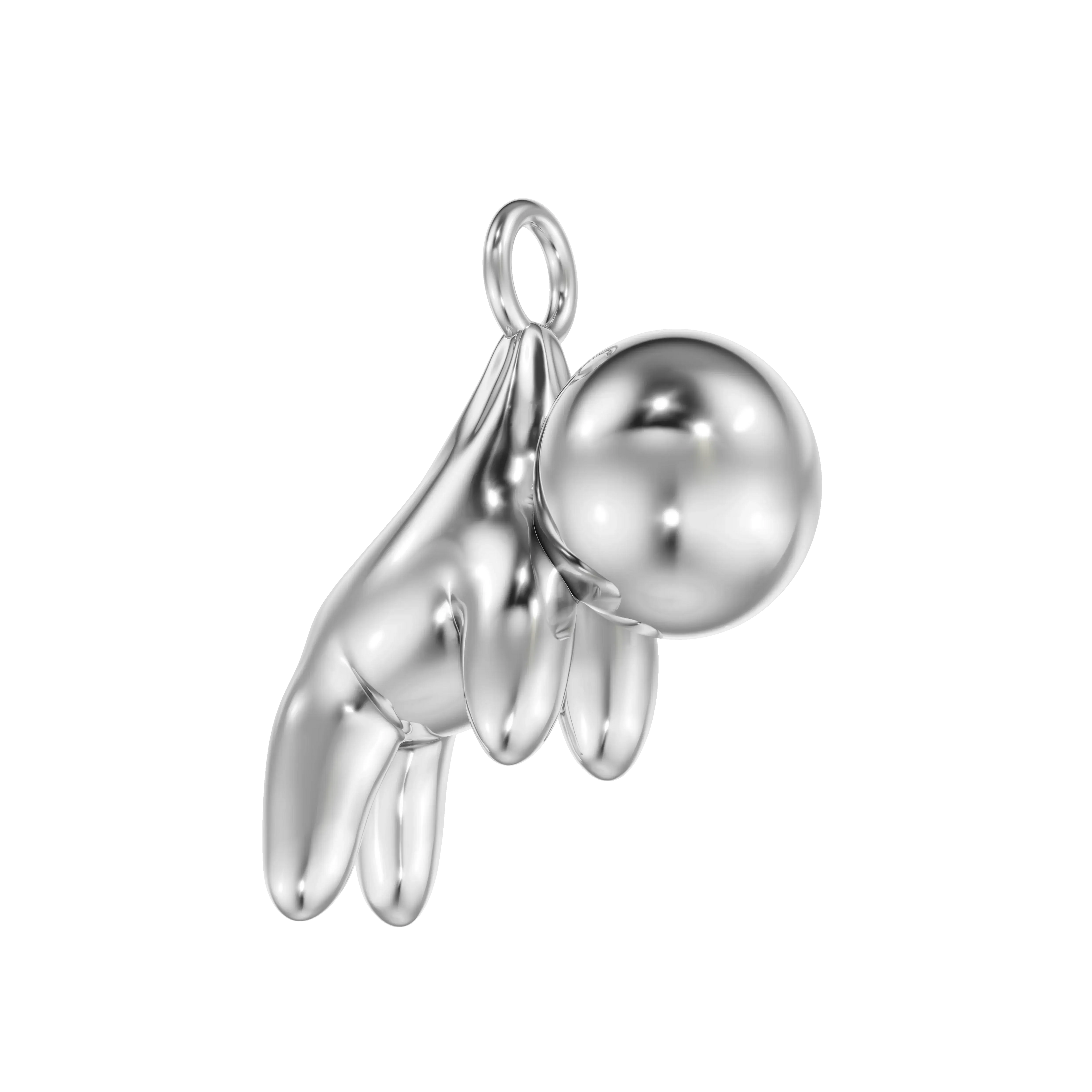 Silver hand holding sphere pendant, modern luxury jewelry design