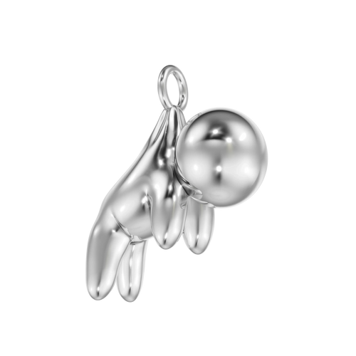 Silver hand holding sphere pendant, modern luxury jewelry design